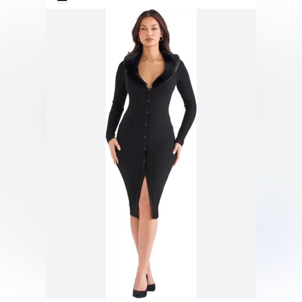 House of CB Ribbed Black Midi Dress with Faux Fur Collar - Picture 7 of 14